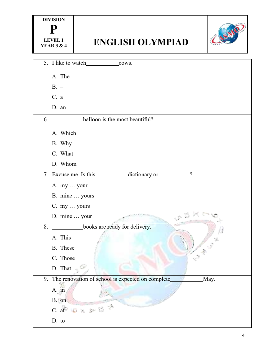 Đề thi ASMO Tiếng Anh khối 3-4 (đề mẫu)