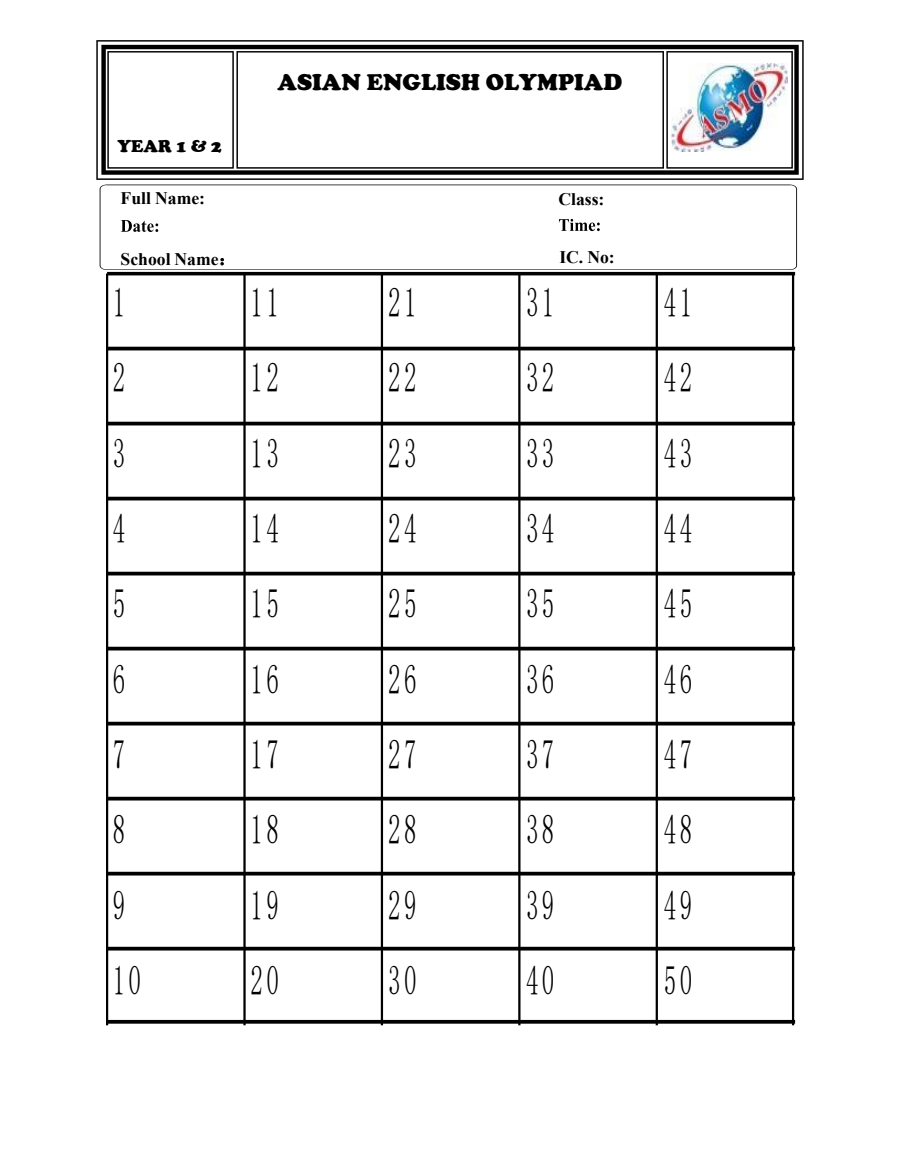 Đề thi ASMO Tiếng Anh khối 1-2